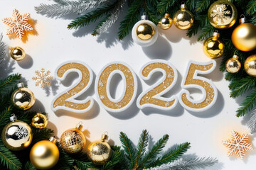 Golden Numbers 2025 on a white background, frame of fir branches and New Year's balls. New Year and Christmas concept. AI