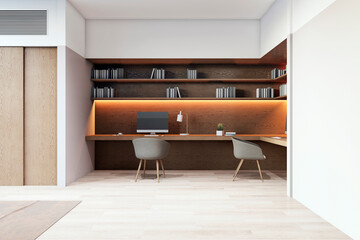 Modern office workspace with wooden desk and minimalist design. 3D Rendering