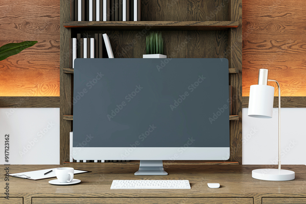 Poster Modern desk setup with computer screen in a cozy home office. 3D Rendering