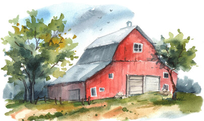 Obraz premium Watercolor farmhouse on the white background, drawn illustrations, poster farm, fall farm art, farm logo png