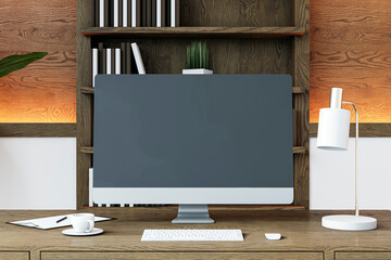 Modern desk setup with computer screen in a cozy home office. 3D Rendering