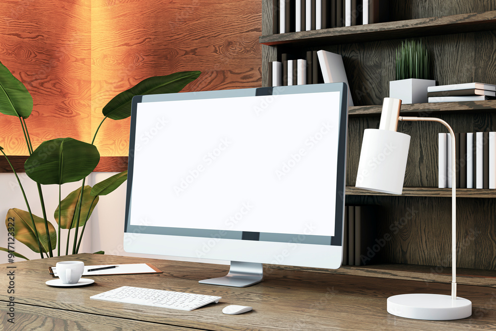 Poster modern desktop computer mockup on a wooden desk in a cozy home office. 3d rendering