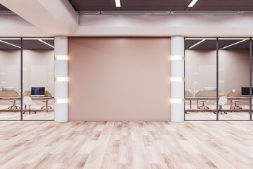 Modern empty office corridor with wooden floor and glass walls. 3D Rendering