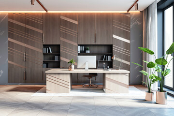 Modern executive office with wooden furniture and large window. 3D Rendering