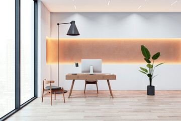 Modern office setup with minimalist wooden desk and large window. 3D Rendering