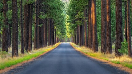 Obraz premium A serene road lined with tall trees, inviting exploration through a lush green forest