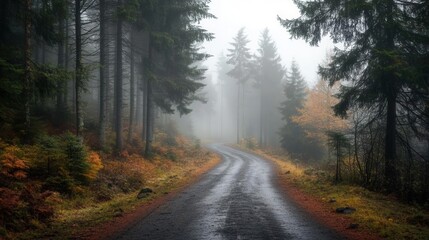 Fototapeta premium A winding forest road shrouded in mist