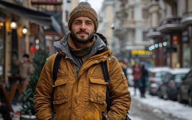 Fototapeta premium A man wearing a brown jacket and a hat is standing on a snowy street. He is smiling and he is enjoying the cold weather. There are several other people in the scene