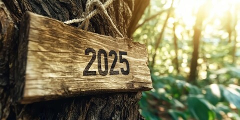 Sustainable Future: Wooden Sign Displaying Year 2025 in a Serene Forest Environment