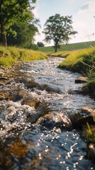 Fototapeta premium A stream of water flows through a rocky area. The water is clear and calm, with a few small ripples. The rocks surrounding the stream are jagged and rough, giving the scene a rugged, natural feel