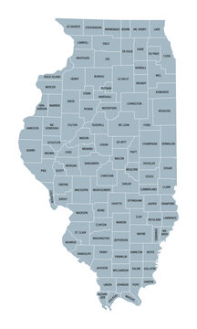 Illinois, U.S. state subdivided into 102 counties, gray political map with borders and county names. State in the Midwestern region of USA. Land of Lincoln, Prairie State, and The Inland Empire State.