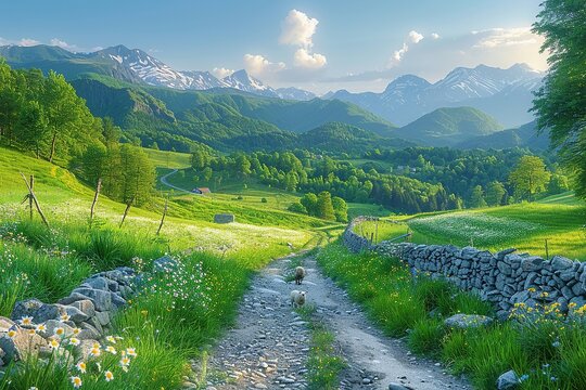 Roliing countryside hills pathwork field UHD wallpaper