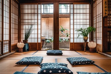 A creative arrangement of traditional Japanese cushions and decor placed on a tatami mat, with ample copy space in the center.Zen living room.Tatami mat.Japanese living room.