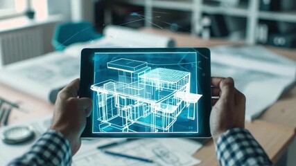 An architect reviews a digital 3D building model on a tablet while surrounded by architectural plans and sketches in a contemporary office - Powered by Adobe