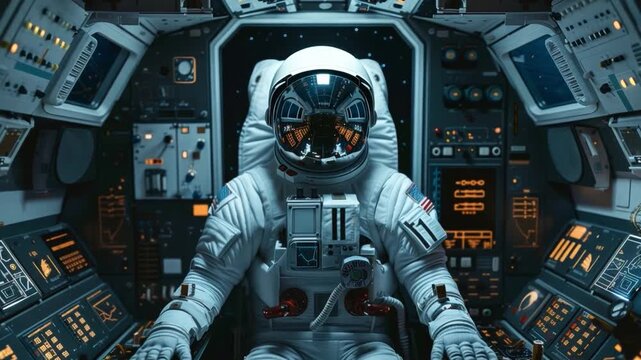 An astronaut prepares for a mission, calmly seated in the cockpit of a spacecraft, surrounded by control panels and illuminated screens