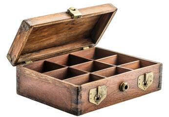 A vintage wooden box with divided compartments, perfect for organizing small items or treasures.