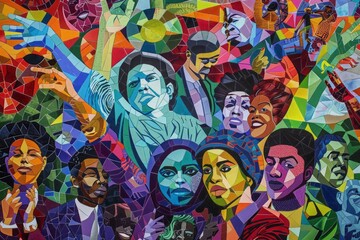 Fototapeta premium Slavery Remembrance Day.Freedom Day.August 23rd.End of slavery.A powerful mural-style illustration showing a diverse group of people united in a tribute to freedom and remembrance.