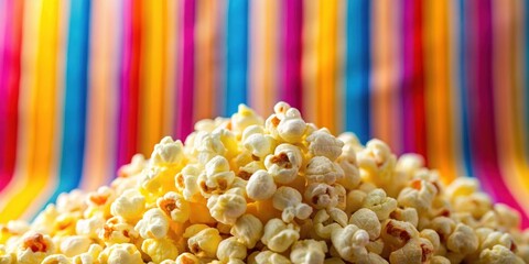 Close-up of buttery popcorn against a colorful striped background, popcorn, buttery, snack, cinema, movie, theater