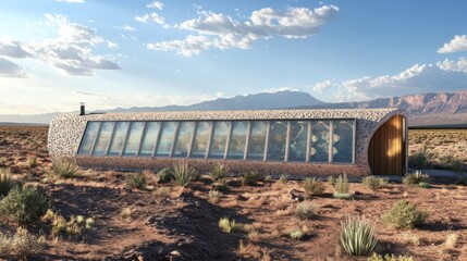 A modern, rounded building with a large window overlooking the desert landscape.