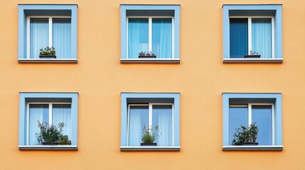 Obraz premium Six windows with potted plants on a peach colored wall.