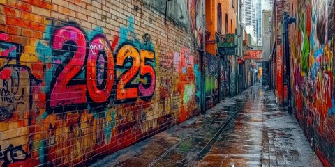 Vibrant Graffiti Art in Urban Alleyway Featuring 2025 in Bold Colors on Brick Walls