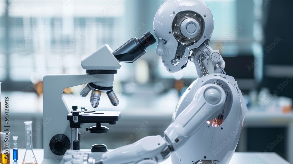 Poster A robot is sitting at a microscope, looking at a slide