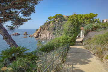 Blanes, Spain - 10 Aug, 2024: Meditarranean sea views from the Marimurta Botanical Gardens, Blanes,...