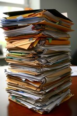 Organized stack of papers on a sleek polished wooden desk for efficient workspace management