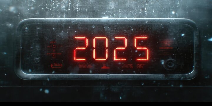 Futuristic Digital Countdown Display Snowy Background - 2025 Neon Red Numbers