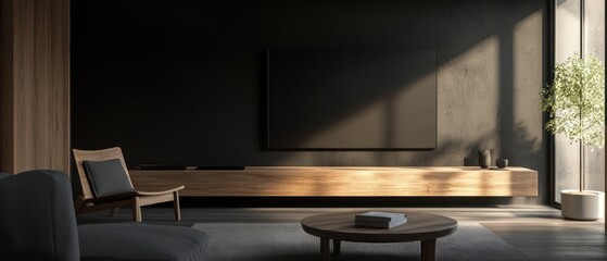Modern living room with wooden furniture and large flat TV, minimalistic style, dark wall background, concept of contemporary interior design