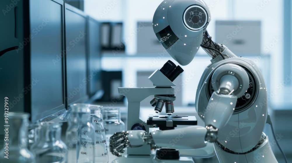 Poster A robot is working in a lab with a microscope