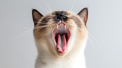 Siamese Cat Mid-Yawn Showing Teeth and Pink Tongue Close-Up