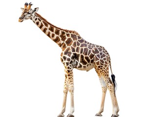 Fototapeta premium A young giraffe stands gracefully on a white background, showcasing its distinctive coat pattern