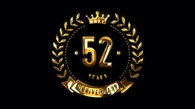 52nd Anniversary Celebration. Happy 52 Years Anniversary Animation in Gold Color on the Transparent Background, Alpha Channel. Great for greetings, celebrations, events, and gifts.