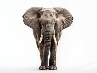 Fototapeta premium An adult elephant standing upright against a plain white background, showcasing its impressive size and features