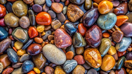 A Close-Up View of Colorful Polished Pebbles, Smooth Stone Texture, Nature Background, Rock Collection, Pebble Art