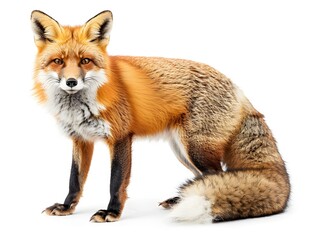 Obraz premium Red fox standing gracefully with a bushy tail and vibrant fur against a plain background