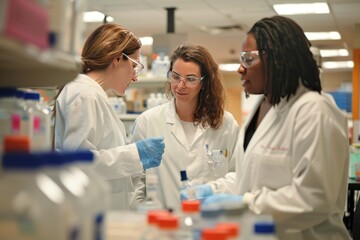 Three scientists wearing lab coats and safety glasses discussing work