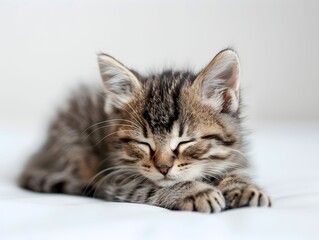 Tiny sleeping kitten curled up on a soft surface with sunlight gently illuminating its fur