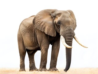 An African elephant standing in a vast, dry landscape under a clear sky during the day