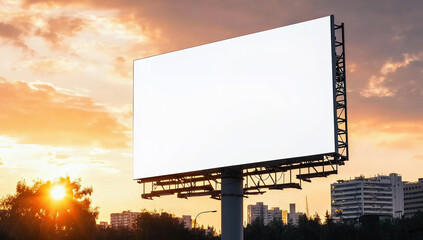 Fototapeta premium Blank billboard against vibrant sunset sky offers vast canvas for creative outdoor advertising campaign.