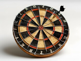 Obraz premium Dart striking the bullseye on a wooden dartboard in a well-lit indoor setting