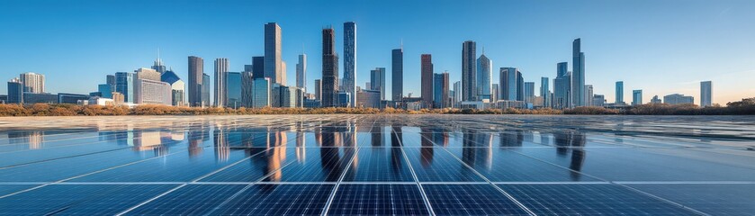Naklejka premium Solar panels reflecting a modern city skyline under a clear blue sky, representing renewable energy and urban sustainability.