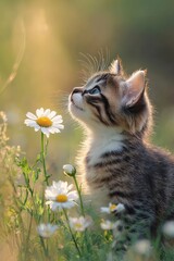 Obraz premium A curious kitten gazes thoughtfully at a flower, capturing a moment of innocence in a beautiful natural setting.