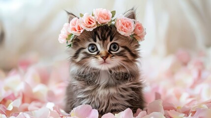 A cute kitten adorned with a flower crown, surrounded by delicate pink petals, radiating joy and charm in a whimsical setting.