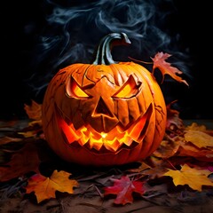 ominous glowing jack o lantern on carpet of autumn leaves Halloween background, Ai Generated 