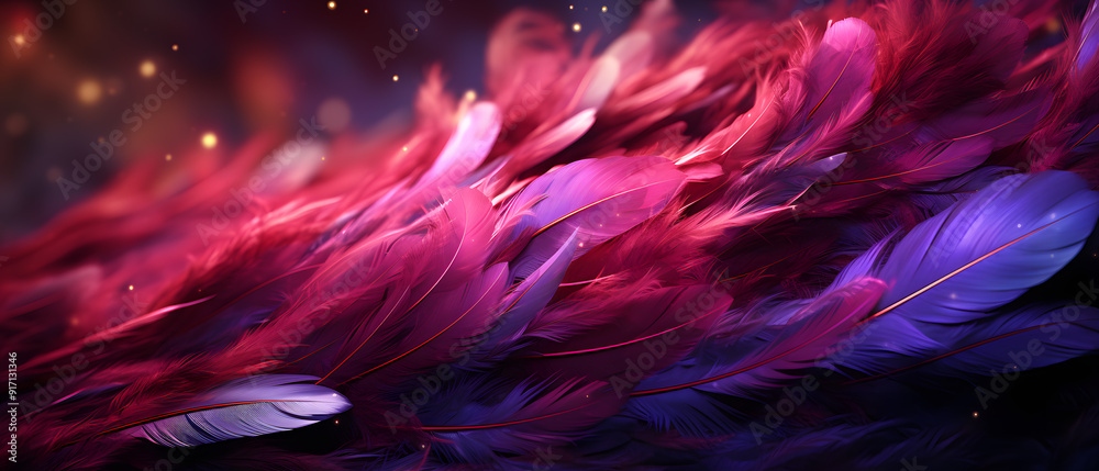 Wall mural immersive vibrant magenta feather background with glitters, particles and blurred background, 3d illustration for festival