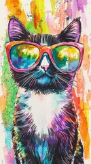 A vibrant and artistic illustration of a cat wearing colorful sunglasses against a bright background.