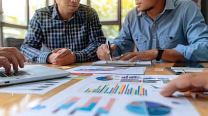 Naklejka premium property dealers discussing inflation rate increased Mortgage loading and property document concept for real estate , small home with architect working with pen in blur background 