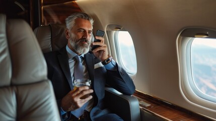 A man in a suit is sitting in an airplane, talking on his cell phone